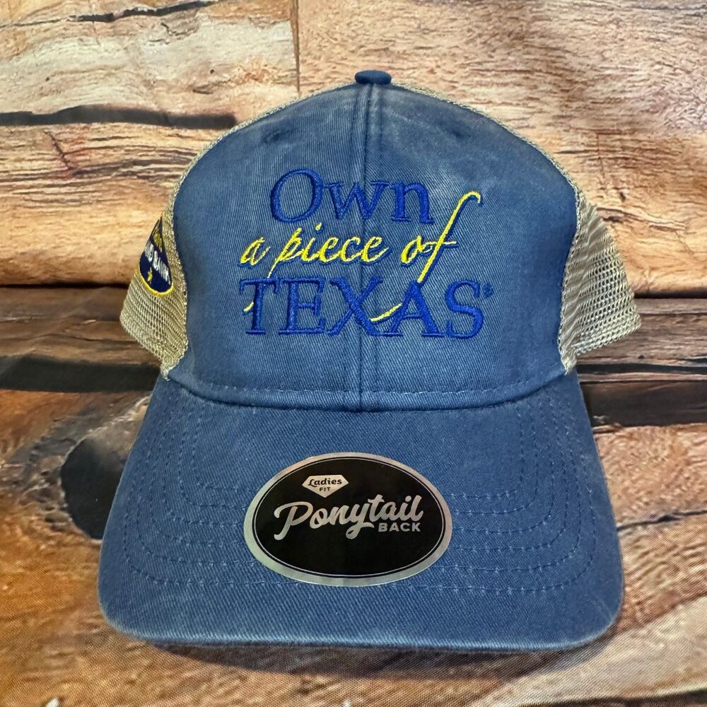 Outdoor Cap Texas Hat Plains Land Bank Ponytail Back Mesh Trucker Blue Gold